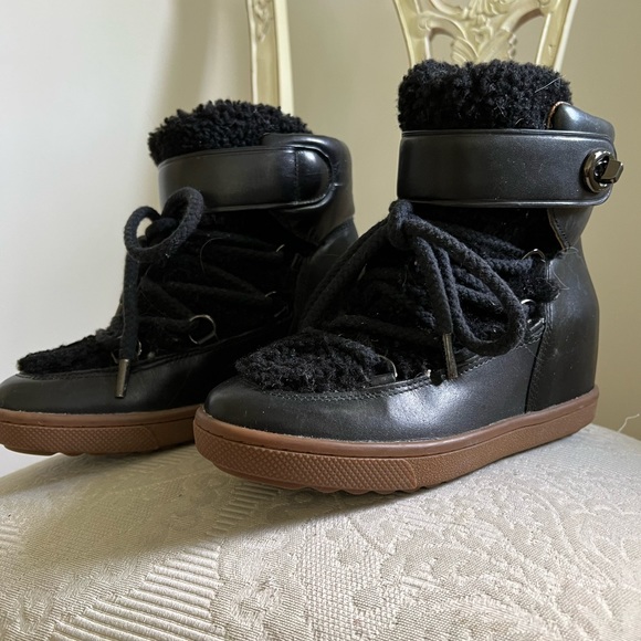 Leather & Fabric Coach Ankle Boots with hidden wedge at Heel 3” , Front 3/4 “ - Picture 2 of 5